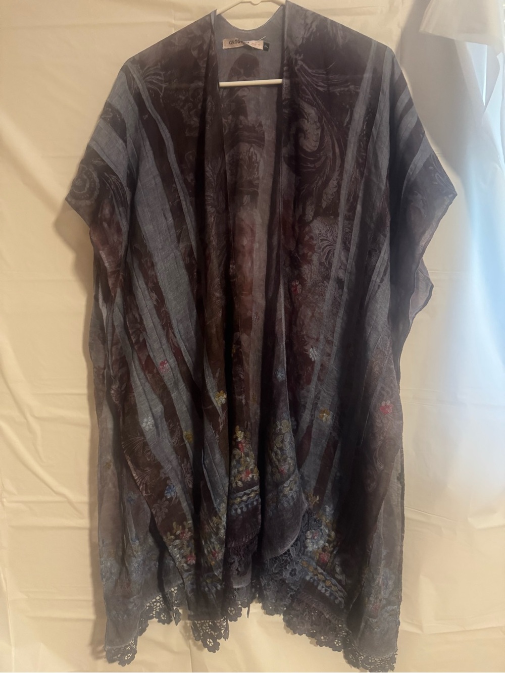 Sheer Floral Striped Kimono Cover-Up in Deep Charcoal and Blue with Floral